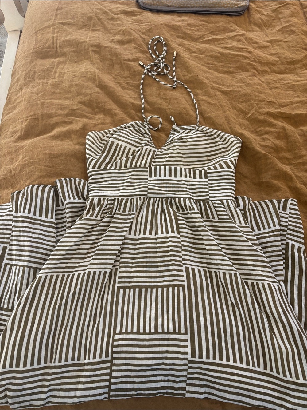 Striped Halter Dress in Dark Green and Cream